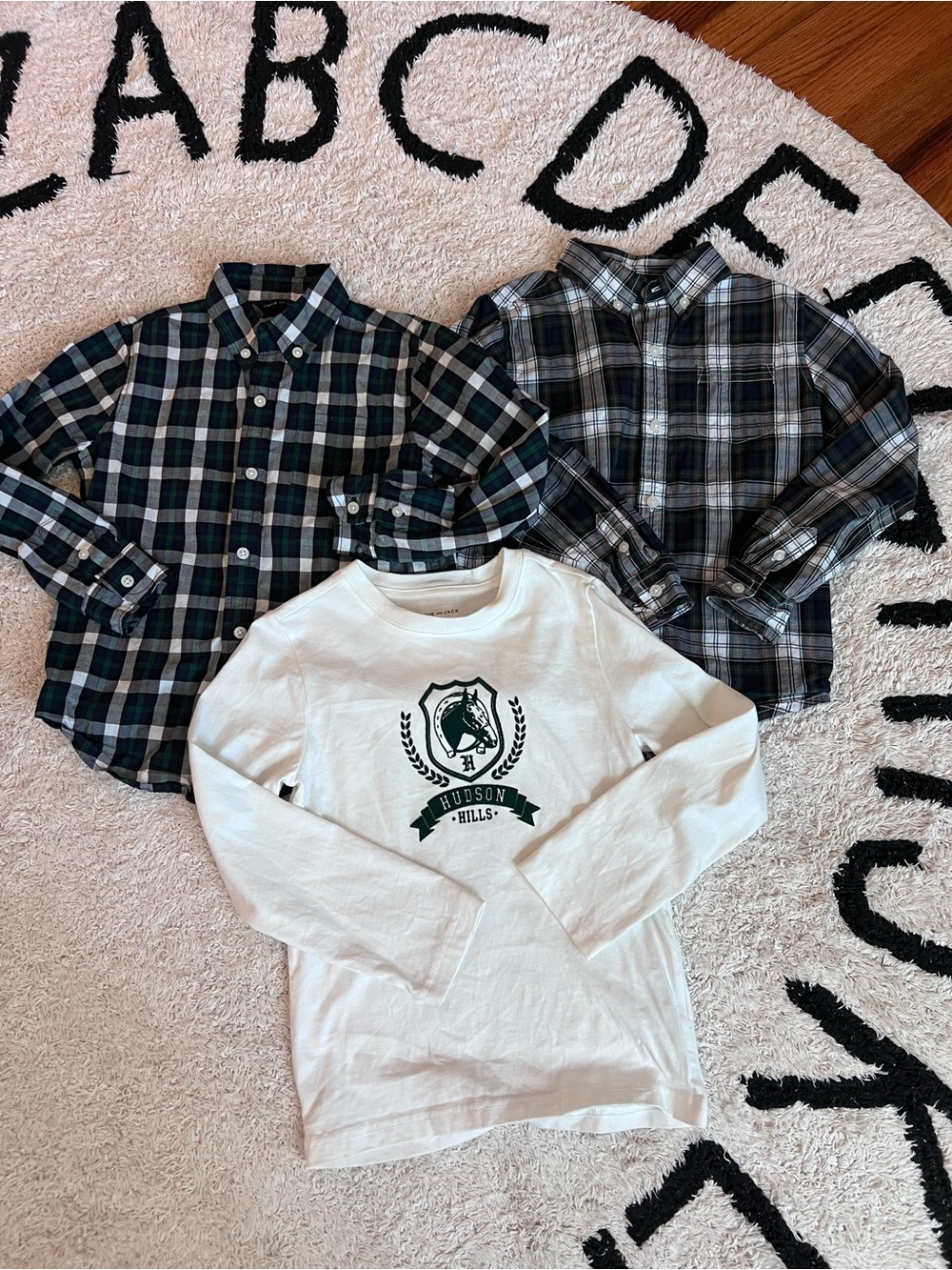 Janie and Jack White Long-Sleeve Tee with Green Crest and Two Plaid Button-Downs